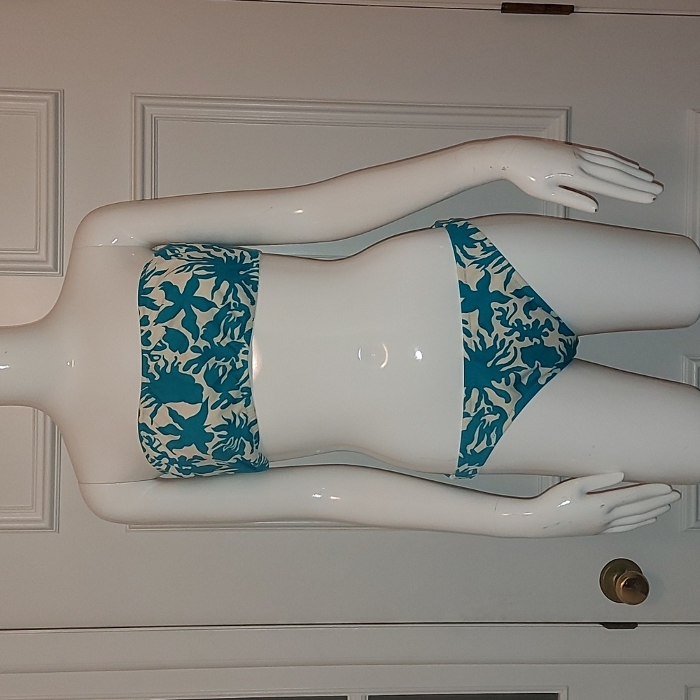 J. Crew Blue White Floral Bikini Set Bandeau Top Tie Back Bottom SIZE M/L Beach